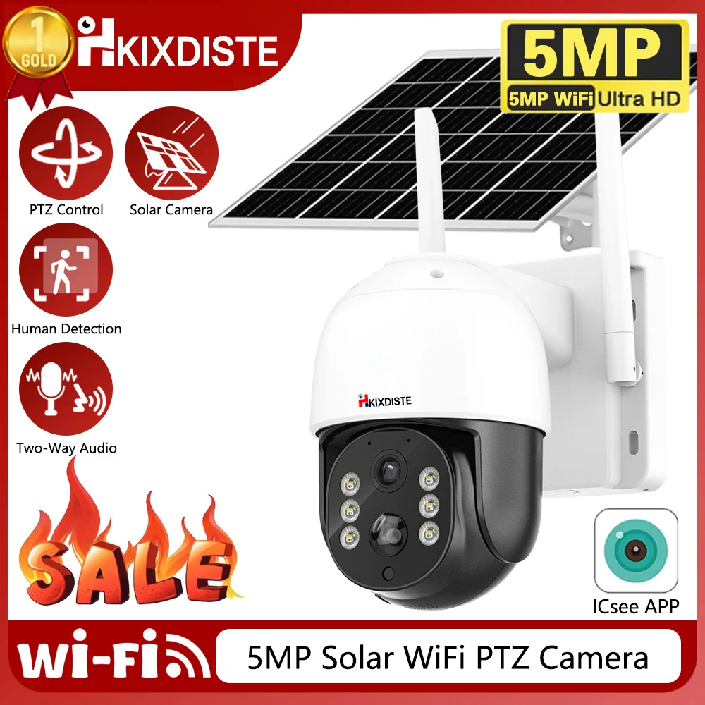5Mp Ptz Solar Power Ip Wifi Camera Outdoor Ip66 Impermeabile Built-In Batteria Sorveglianza Cam Pir Rilevamento Umano Icsee Audio Ptz