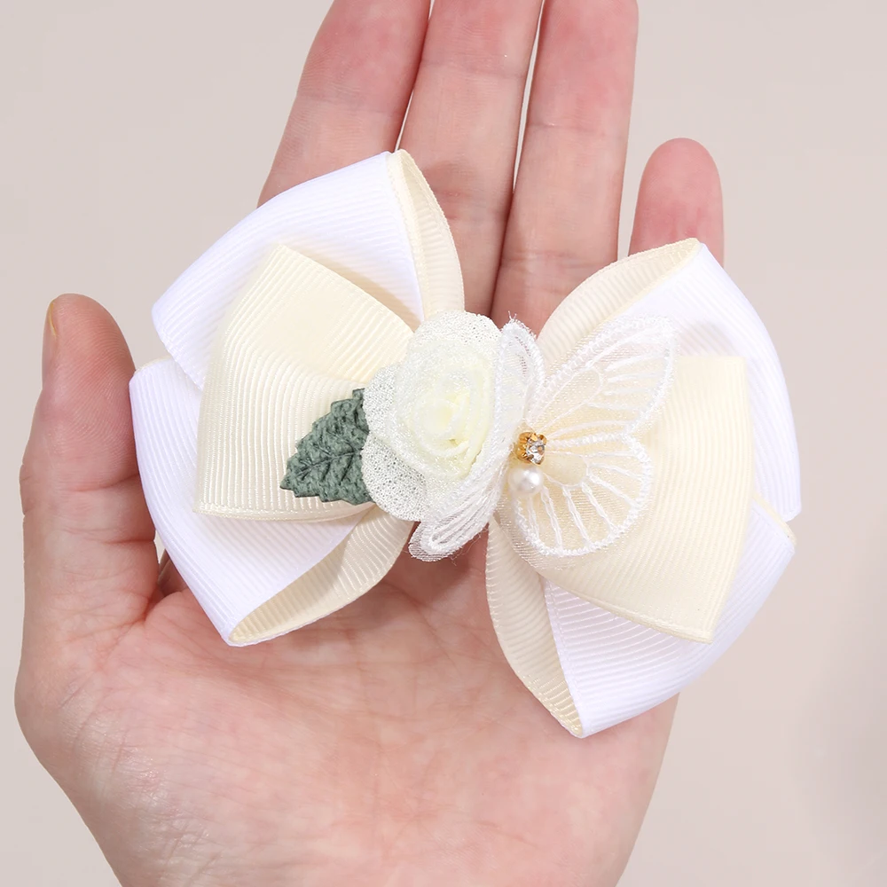 2Pcs Floral Bow Hair Clips 3D Flower Butterfly Hairpins Elegant Ribbon Bownot Barrette For Girls Children Headwear Accesories