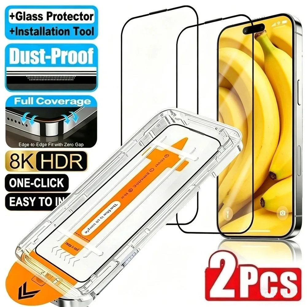 2er-Pack Vollflächiges Panzerglas für iPhone 17 16 15 Pro Max 17e 16e Air 15 14 Plus 12 14 13 Pro – Einfache Ein-Klick-Installation