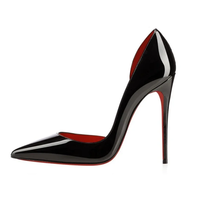 High Heeled Shoes with Side Air, Red Sole, Black Women's Shoes, Sexy Slim Heels, Pointed Toe, Patent Leather, Shallow Cut Heels
