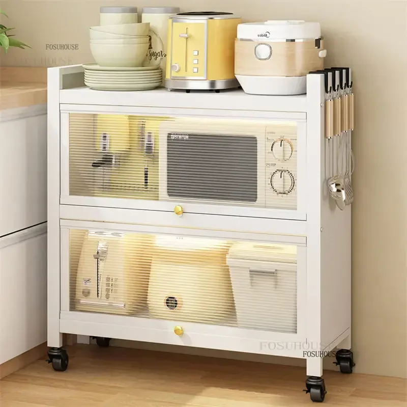 Carbon Steel Modern Kitchen Cabinet Kitchen Furniture Multi-layer Floor Storage Rack Microwave Storage Cabinet with Acrylic Door 3