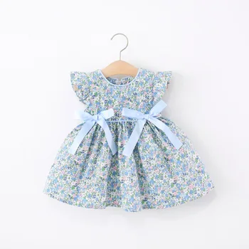 Summer New Blue Floral Baby Girl Dress, Sweet Bow Children'S Sleeveless Clothes (9 Months -4 Years Old) 1