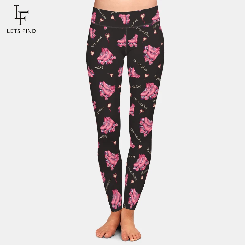 

LETSFIND Fashion Women High Waist Leggings Vintage Roller Skate Design Milk Silk Printing Fitness Leggings