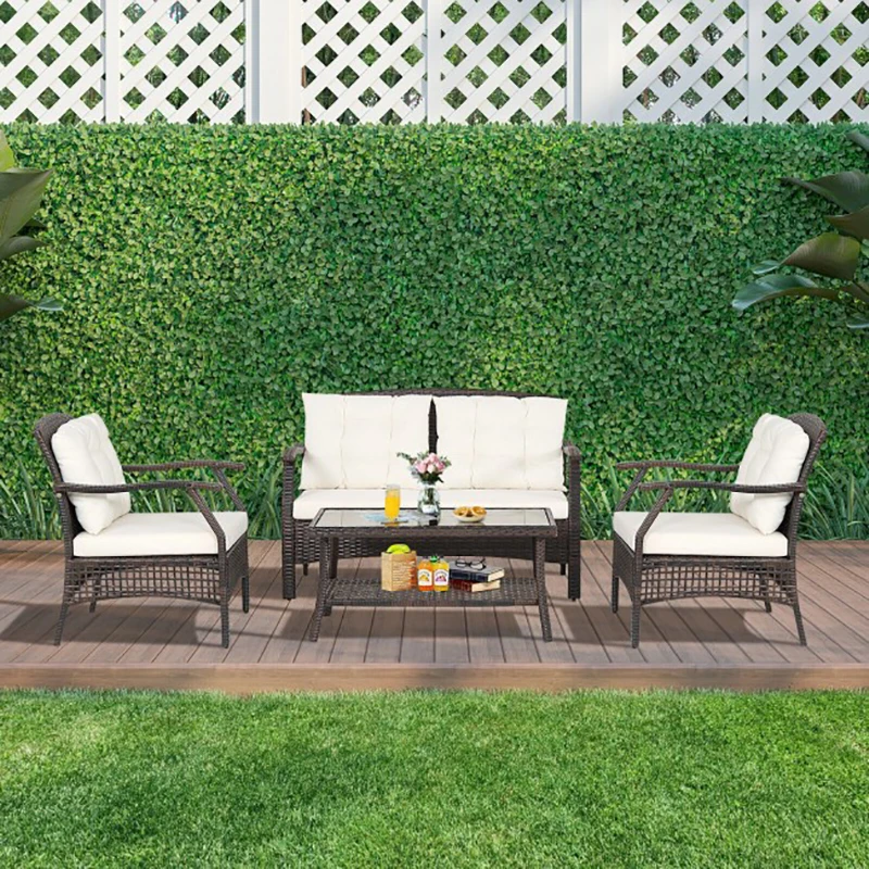 

4 Pieces Outdoor Rattan Conversation Set with Protective Cover Outdoor Garden Patio Coffee Table Sofa Set