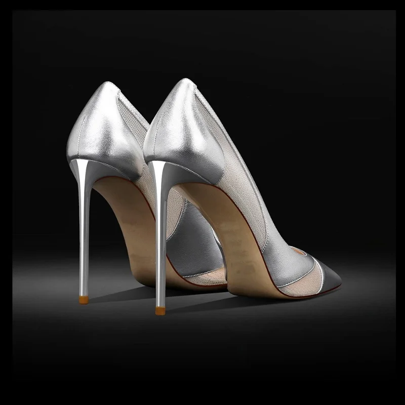 2025 Spring New Patchwork Mesh Silver High Heels For Women Pointy