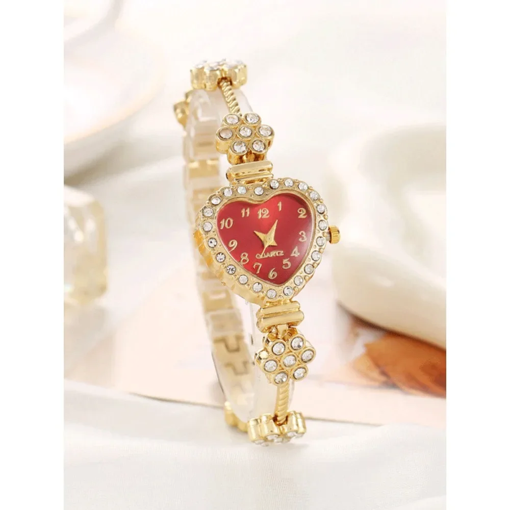 Flower shaped diamond inlaid heart-shaped women's watch, niche fashion, female student bracelet, quartz watch set