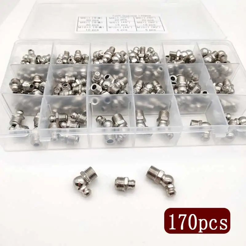 

170pcs 90 Degree and Straight Type M6M8M10 Metric Size Hydraulic Zerk Grease Nipple Fitting Male thread Oil mouth Assortment Kit