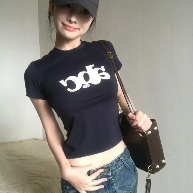 

Pure cotton Korean style shoulder t-shirt for women summer new style slim waist short sleeve ins pure lust style short top y2k