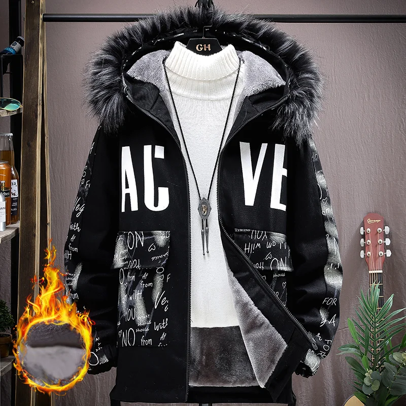 

Winter 2024 New Men's Hooded Large Fur Collar Printed Cotton-padded Coat Fleece Thick Fashion Warm Jacket Men Drop Ship