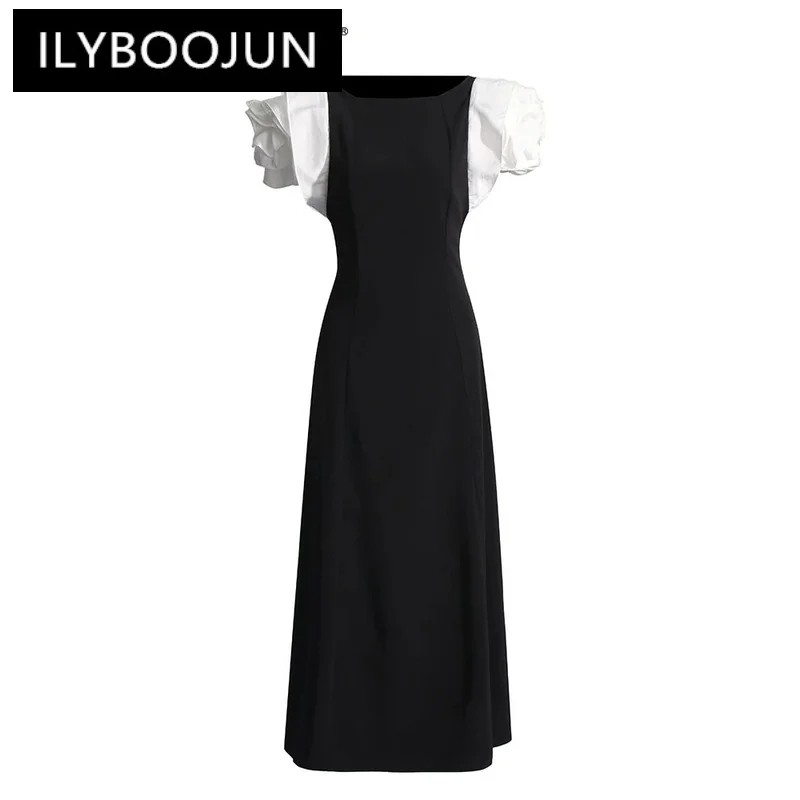 

ILYBOOJUN Hit Color Spliced Appliques Dresses For Women O Neck Short Sleeve High Waist Patchwork Zipper Casual Dress Female