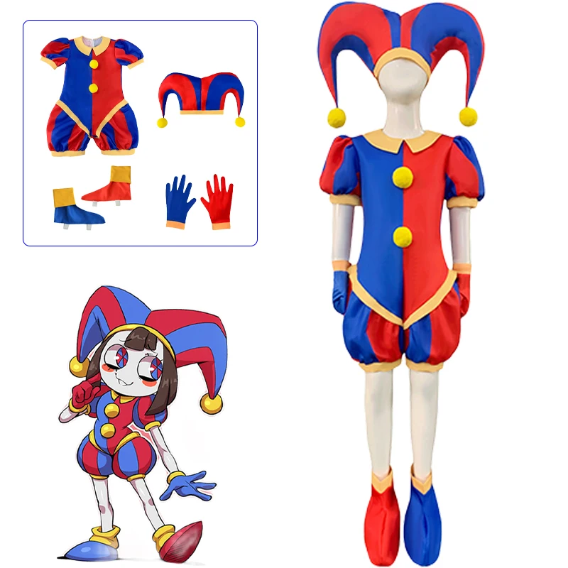 

Kids The Amazing Digital Circus Cosplay Pomni Cosplay Costume Uniform Hat Gloves Shoe Cover Full Set Halloween Costume for Adult