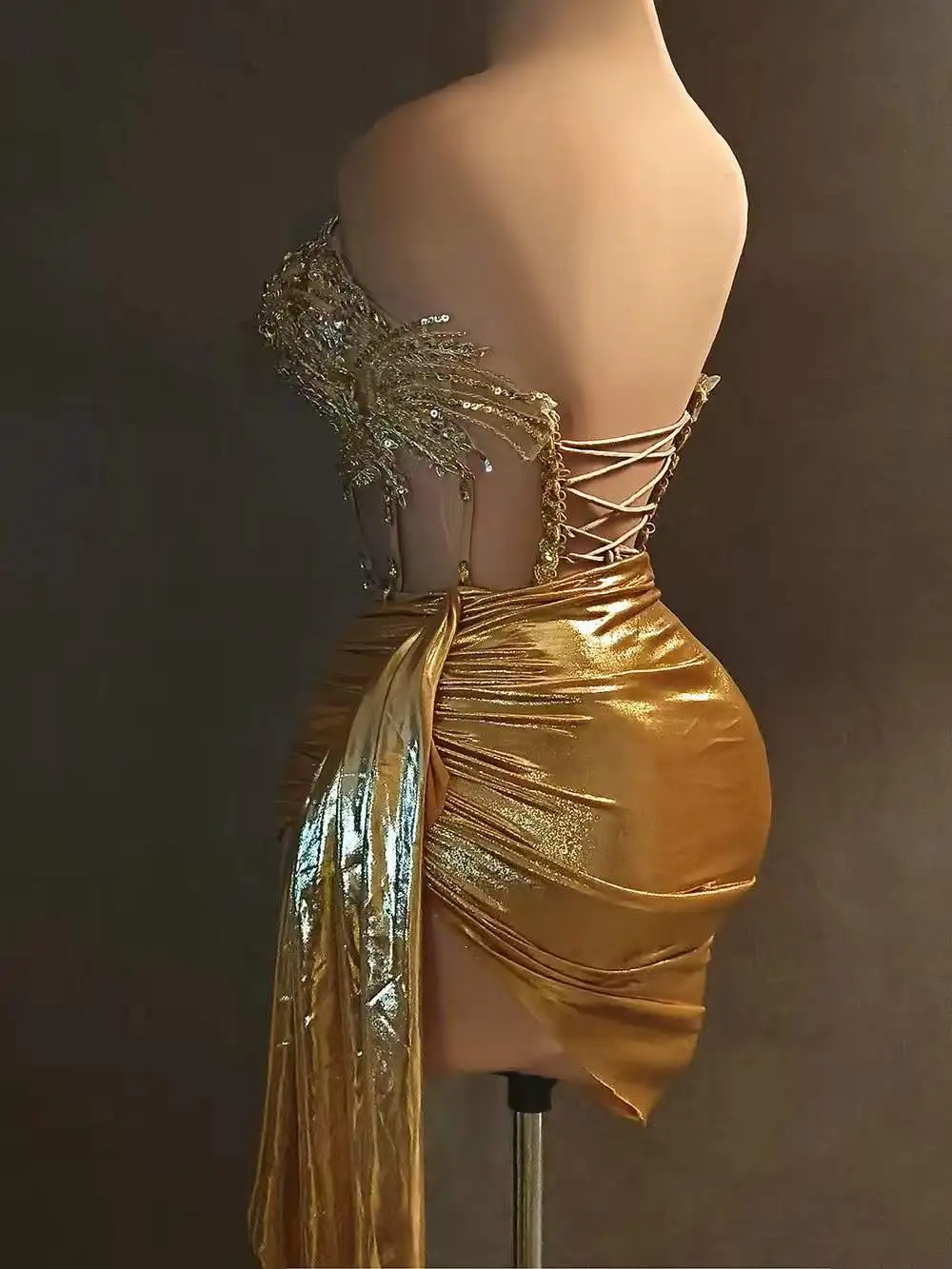 Gold Sparkly Hot Drilling Process Rhinestone Women Dress Backless Stage Wear Dance Event Drag Queen Costume