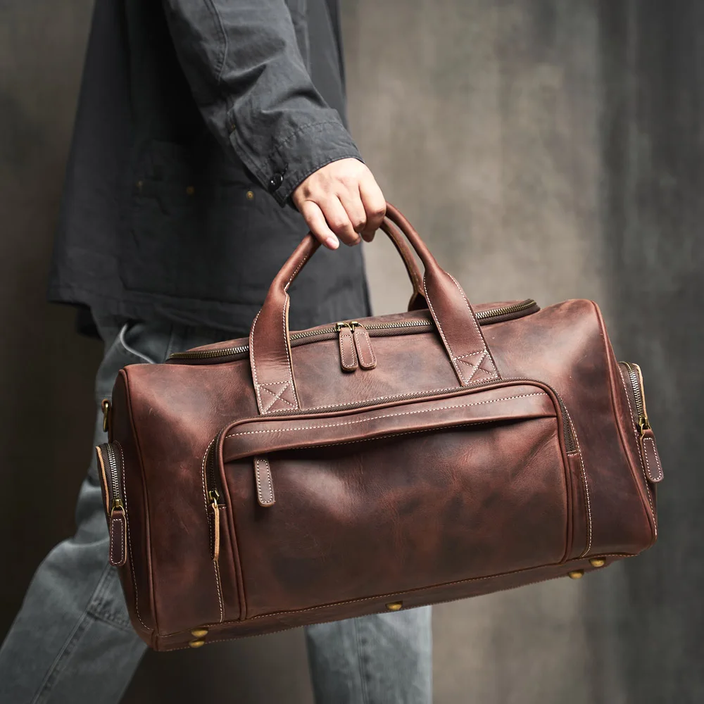 NUPUGOO-Genuine Leather Travel Bag for Men, Vintage Hand Luggage, Boston Bag, Duffle, Large Capacity, Shoulder Bag for 16 "Lapto