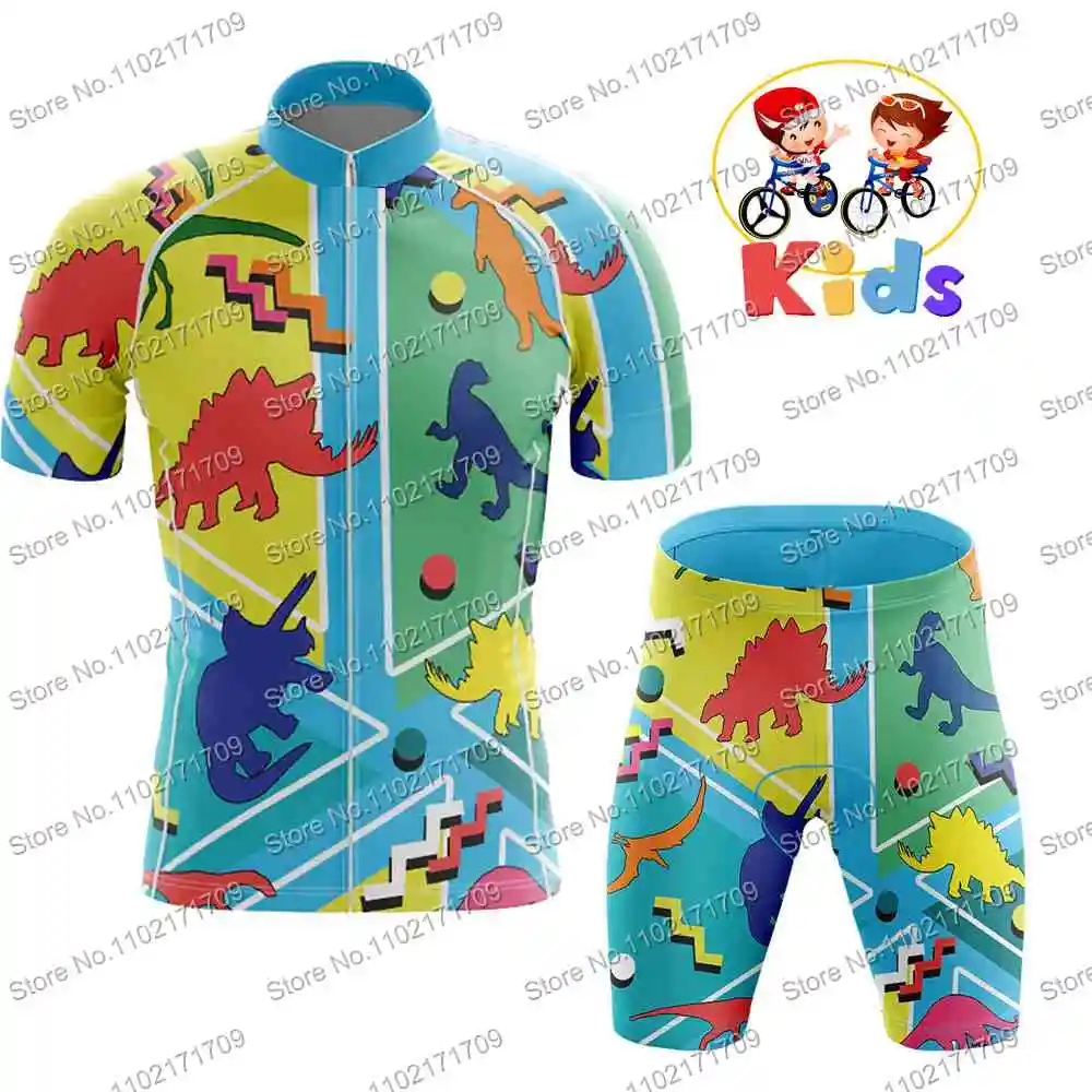 Kids Dinosaur Pattern Funnny Cycling Jersey Set Short Sleeve Quick Dry Road Bike Shirts Suit Blue Black Bike Wear MTB Maillot