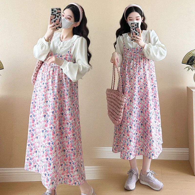 Spring New Maternity Dress Two-piece Floral Pregnamt Women Dresses Set