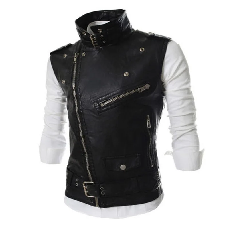 Men's Leather Waistcoat Korean Slim Fit Zipper Lapel Short Leather Waistcoat Vest Coat Solid Color