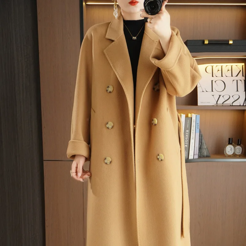 

Autumn New High-end Double-faced Cashmere Coat Women in The Long Section with Decorative Belt Wool Tweed Jacket
