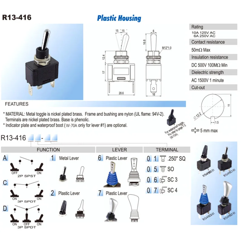 R13-416 Series 12mm Waterproof Car ON-OFF SPDT 2Pin 2Position Toggle Switch Plastic Lever 20A/24VDC 40A/12VDC 1pcs