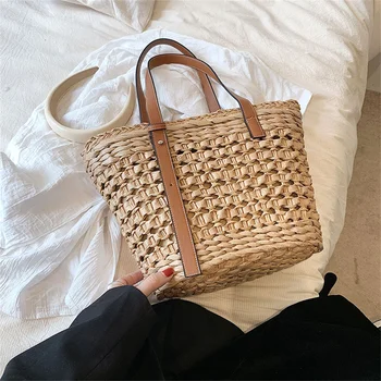 여성용 밀짚 직조 토트백, 빈티지 대용량 핸드백, 라탄, 새로운 패션, 여름 해변 바구니, 숄더 쇼핑백