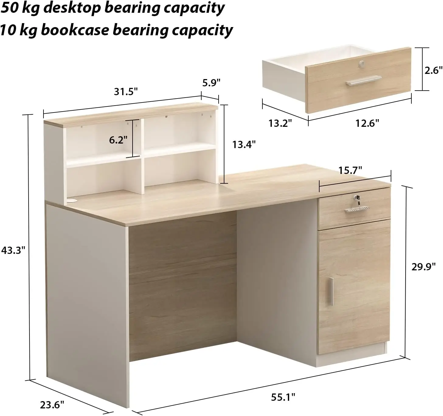 AIEGLE Reception Desk with Counter & Lockable Srotage Drawers, for Salon Reception Room Checkout Office, Natrual (55.1" L x 23.6