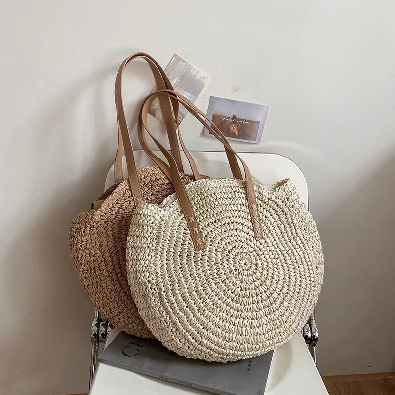 2023 New Summer Round Straw Rattan Bag Casual Handmade Woven Beach Totes Female Large Capacity Shoulder Bags Travel Handbag