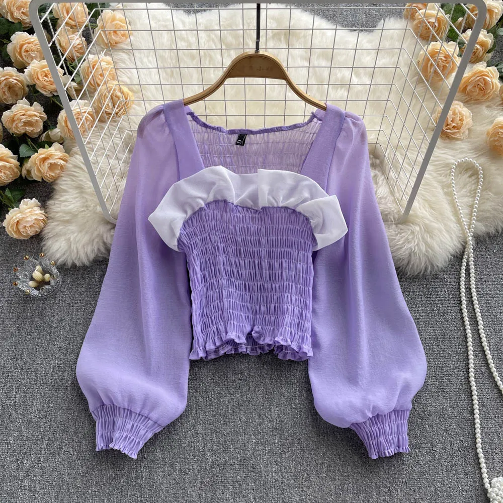 

2022 New Color Blocking Fungus Edge Square Collar Exposed Collarbone Short Top Women's Pleated Slim Bubble Sleeve Shirt