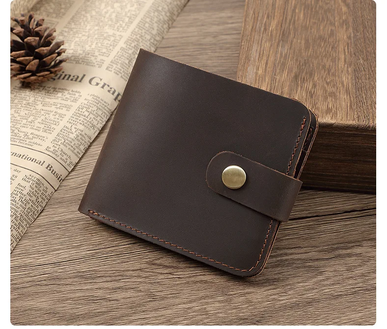Minimalistische kurze Lederbrieftasche mit Druckknopf, echtes vollnarbiges Rindsleder, kompaktes Kreditkartenetui, Unisex Vintage Coin Pu – Detail 13