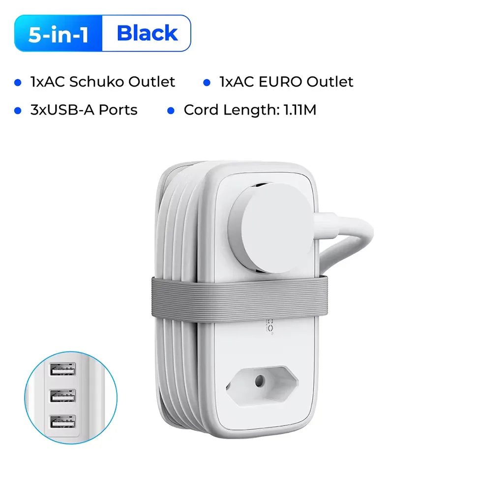 ORICO Travel Power Strip Smart EU Plug 3.6FT Extension Cord 5 Port USB A Type C Charging Station Adaptador Stand