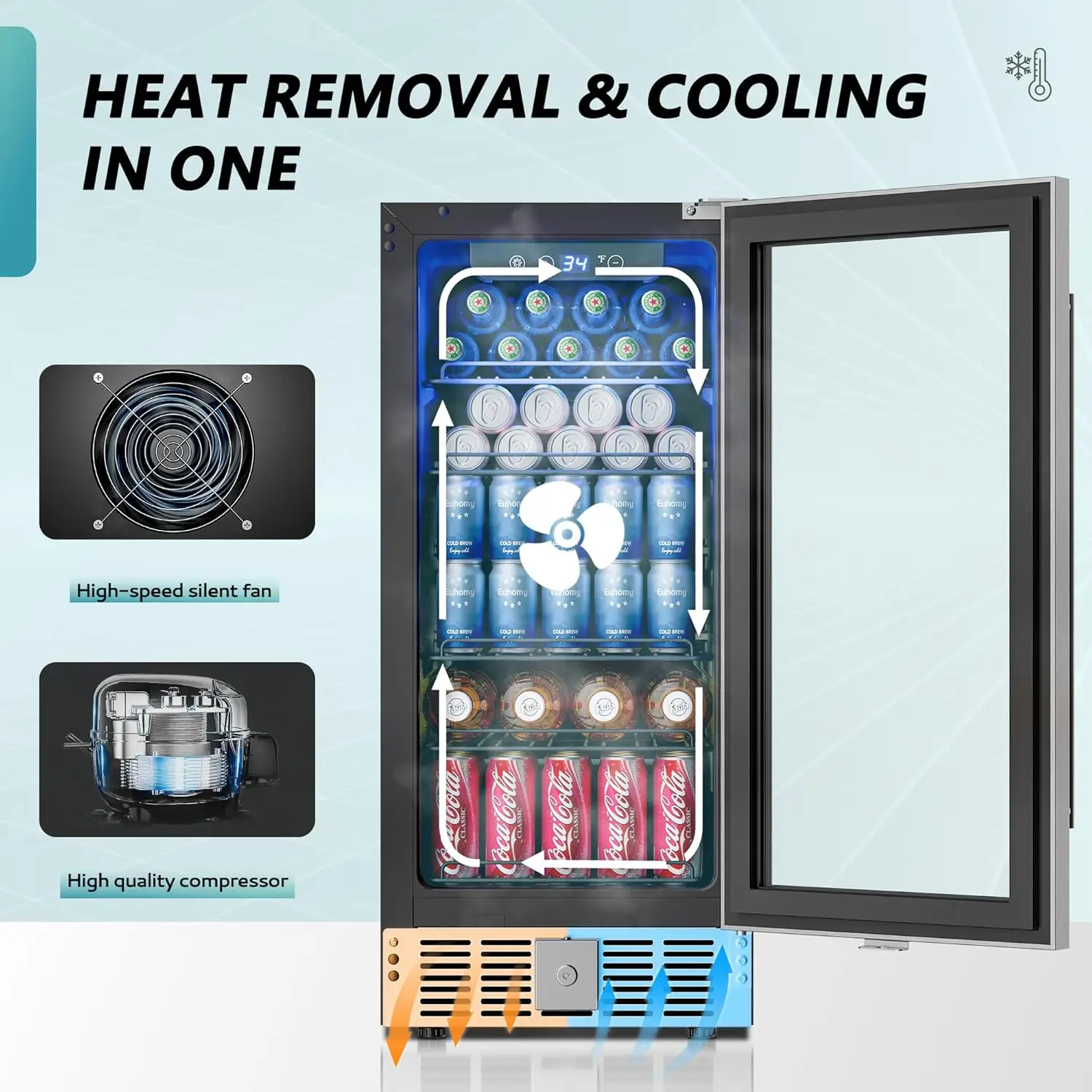15" Beverage Refrigerator Cooler Under Counter 125 Cans Built-in Beverage Fridge with Glass Door, LED Light, Beer Fridge 3