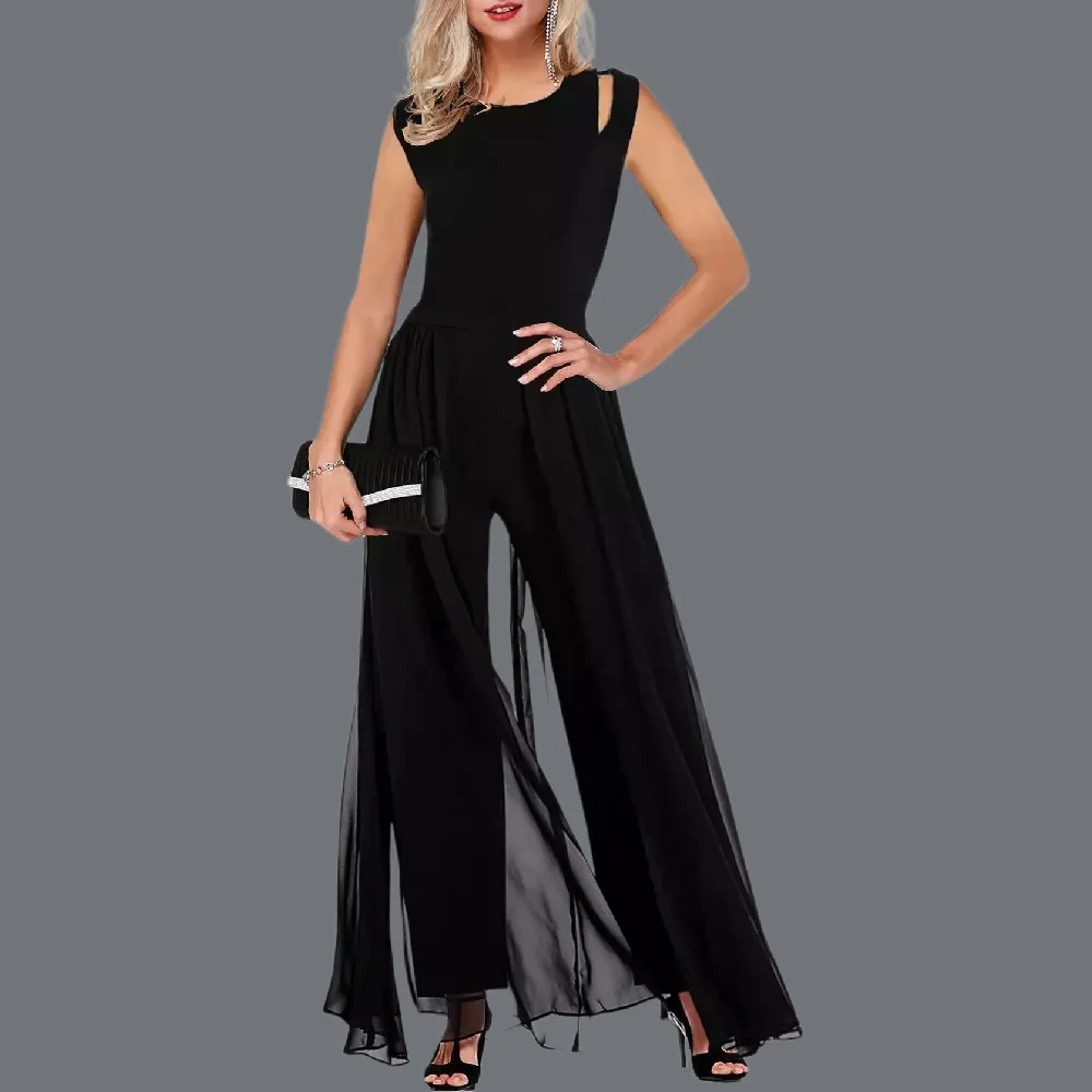 

Women Summer Black Sleeveless Patchwork Wide Leg Jumpsuit One Piece Clubwear Party Outfit 2023 Combinaison Femmes