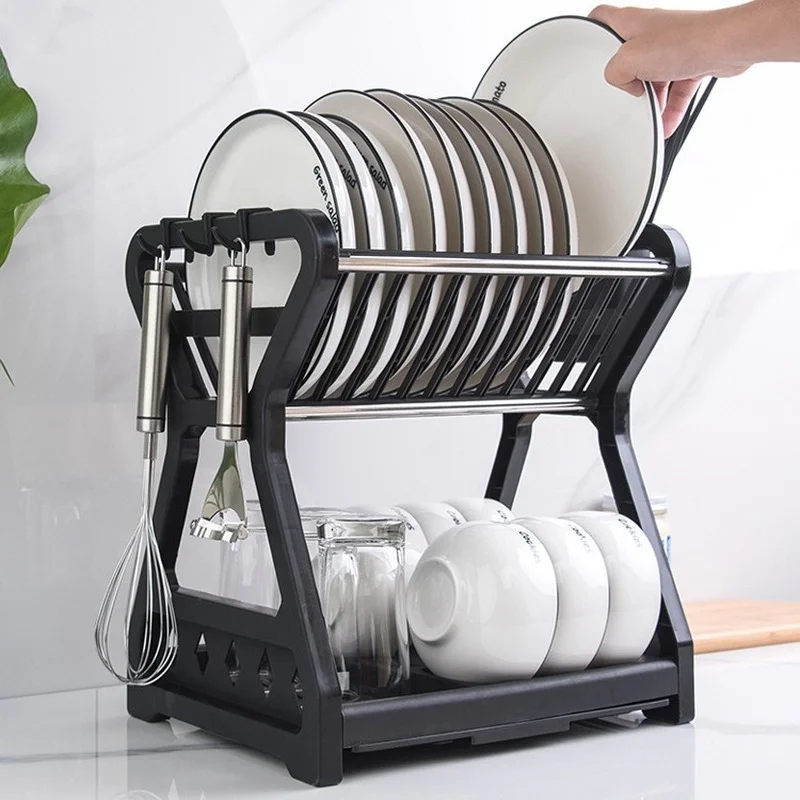 2021 New Double-layer Kitchen Dish Bowl Draining Storage Rack with Chopstick Cage Household Tableware Organizer Tray Box Basket | Дом и сад