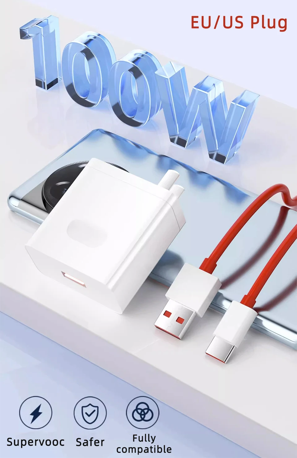 100W SuperVOOC Fast Charger Quick Charging Wall Phone Adapter for Oneplus 13r 12r 12 13 11 10 Ace 5 Pro USB Charger Type C Cable