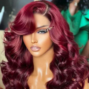 28 Inch 99j Burgundy Lace Front Wigs Human Hair Red Burgundy Wig 250% Density 13x4 Body Wave Lace Front Wigs Pre Plucked 1