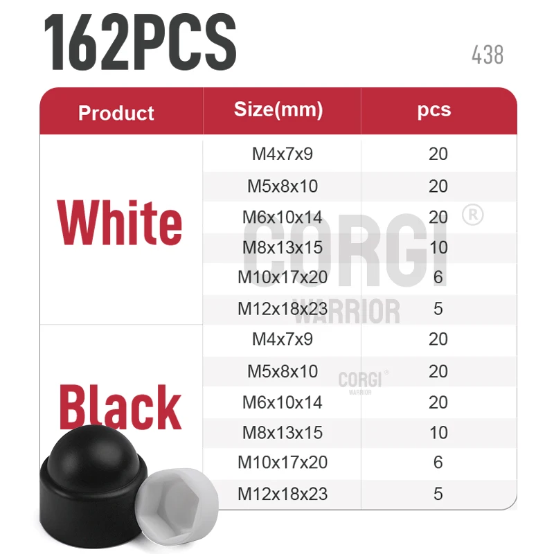 Description Picture 6 of itemM4 M5 M6 M8 M10 M12 Black White Bolt Cover Screw Caps Hex PE Cap Plastic Nut Assortment Kit 150 to 197 Acorn Dome Protection Nut