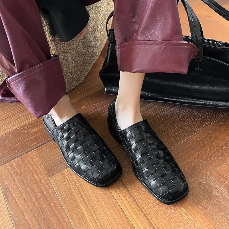 

Women Shoes Cowhide Cozy Loafers None Slip Spring Autumn Ladies Shoes Square Toe Genuine Leather Weave Flats For Woman