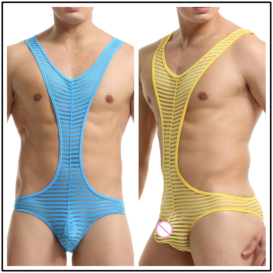 

Sexy Men Striped Bodysuit Gear Open Butt Jumpsuit Peni Bulge Pouch Underwear Mens Leotard Wrestling Singlet Jockstrap Gay Romper