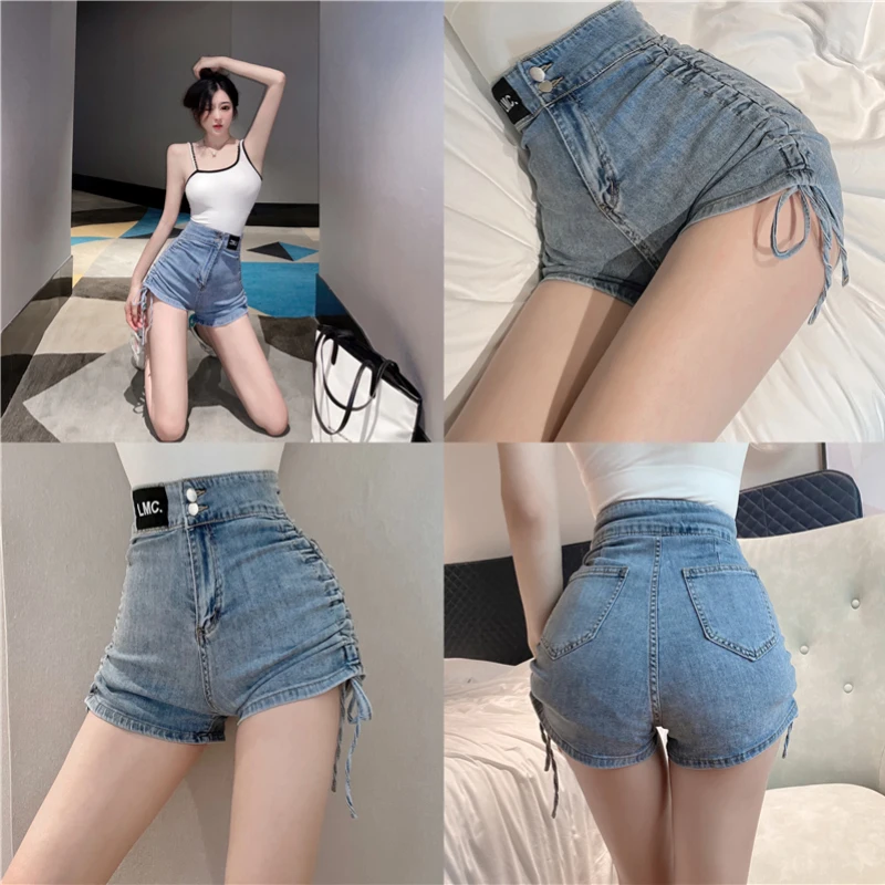 patchwork jeans JMPRS Sexy Women Skinny Denim Shorts Summer High Waist Tie Up Button Short Jeans Korean Slim Fashion Blue Female Jeans New patchwork jeans