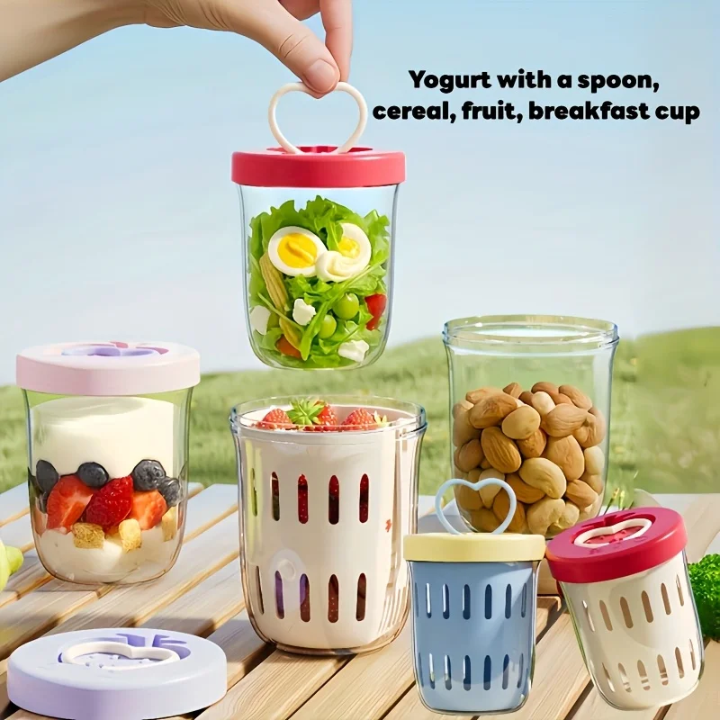1pc Drippable Fruit Cup with Fork Portable Sealed Leak-proof Kitchen Picnic Box Double Layer Fruit Cup Drainage Salad Snack Cups