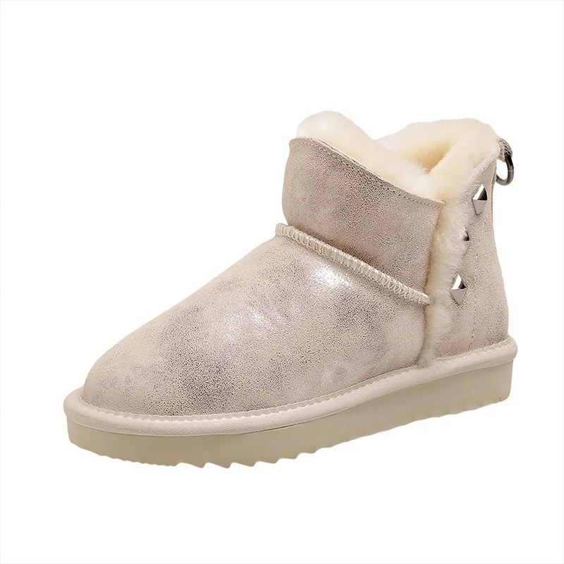 

Genuine Cowhide Leather Snow Boots Natural Wool Inside New Shoes Women's Studded Slip-On Ankle Boots Winter Boots Women Shoes