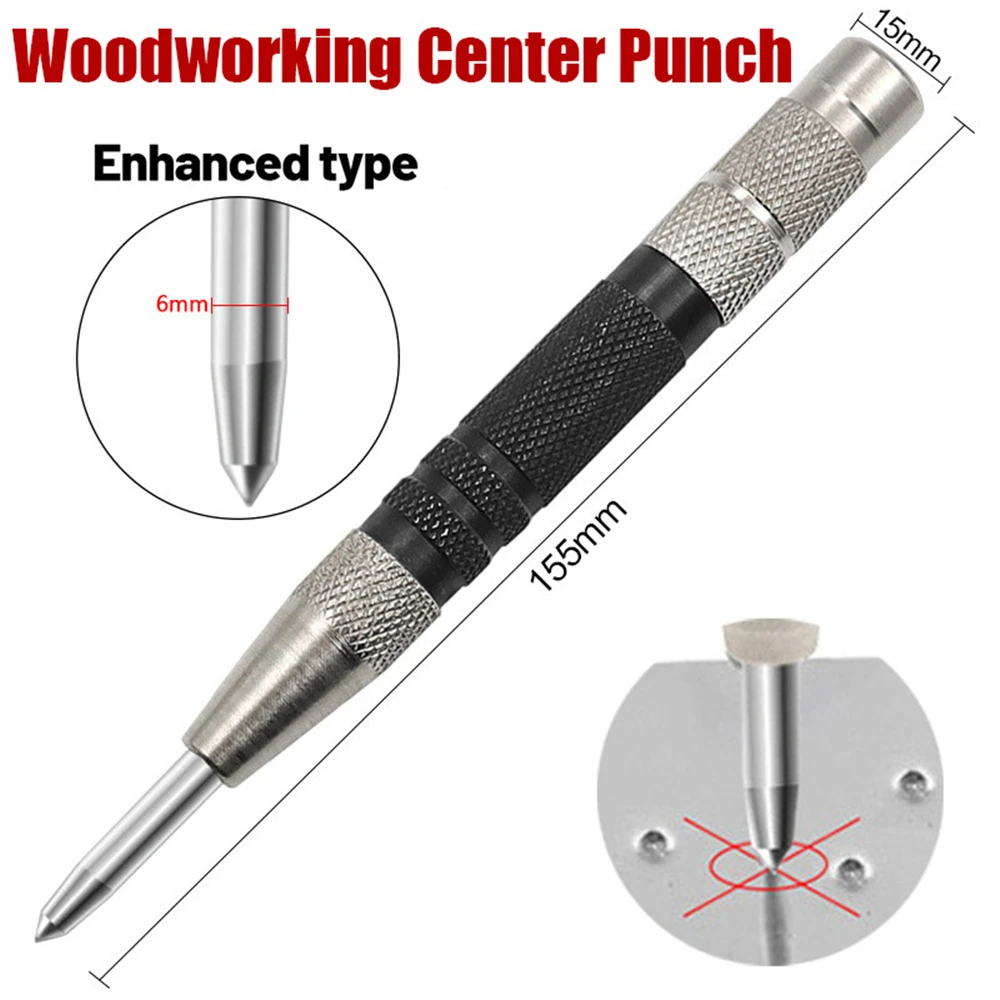155mm Woodworking Center Punch Automatic Spring Locator Glass Striker Broken Window Silver Black Automatic Sample Punch Tool
