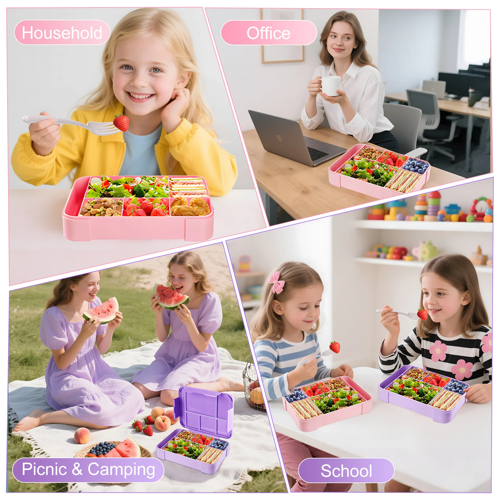 Pink Bento Lunch Box For Kids Girls Microwave Oven Bento Box With 6 Compartments BPA-Free Snack Food Container for School Picnic - 6