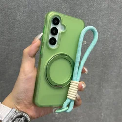 Matte Ring Magnetic Stand Holder Case with Translucent Wrist Strap and Lanyard - Shockproof Cover - Galaxy S26+ (Green)