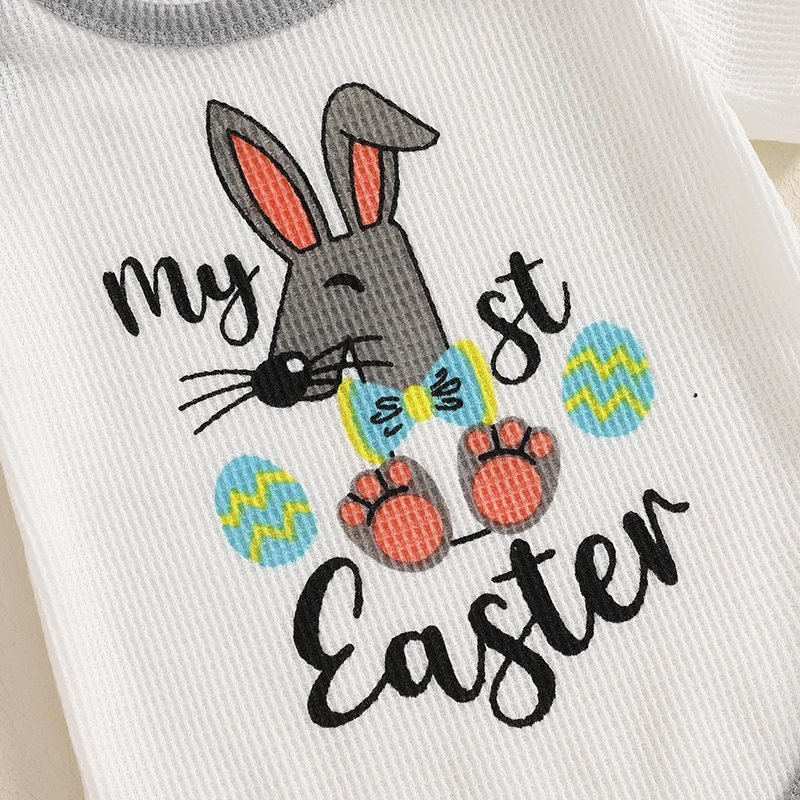 0-18M Baby Boy Easter Outfits Bunny Letter Print Short Sleeve Romper with Stripe Cuffs Long Pants and Hat 3 Pcs Set 5