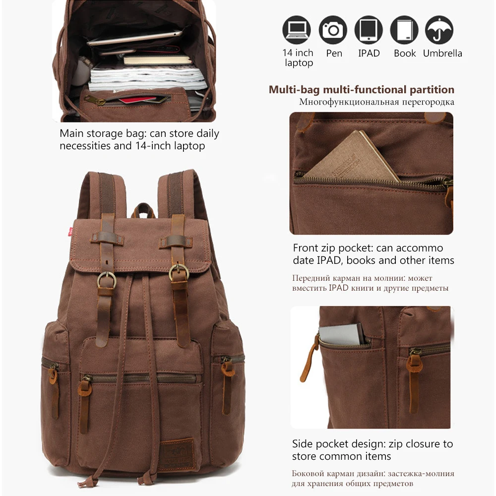 MARKROYAL Vintage Canvas Backpack Large Capacity Male Travel Rucksack Solid Color Schoolbag for Teenages Girls