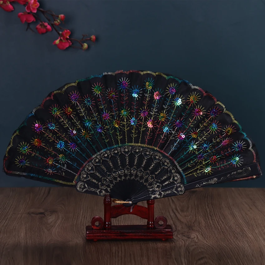 1PC Chinese Style Black Rod Sequin Embroidery Fan Dancing Folding Fan