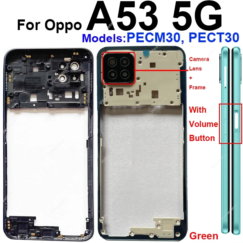 OPPO A53S A53 4G A53 5G 중간 프레임 하우징 커버 후면 배터리 도어 하우징 베젤 부품 (카메라 렌즈 프레임 포함/제외)