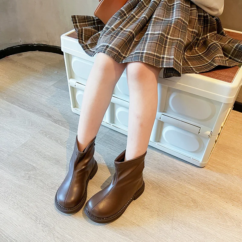 Autumn Winter Children's Single Boots Retro Solid Color Zip Kid Girls