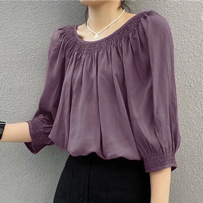 Summer Chic Elegant Fashion Aesthetic Basic Loose Casual Round Collar Three Quarter Solid Color Lantern Sleeve Blouse Top Women