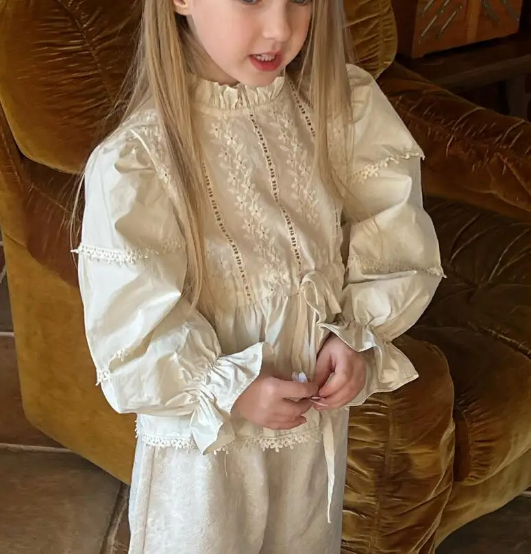 New Stlye Girls Lace Shirt Spring Cotton Full Sleeve Fashion Girls Blouse 2-7 year WW135