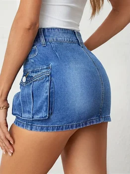 Women Sexy Straight-leg Denim Short Skirt Side Big Pocket Button Denim Miniskirt Summer 2